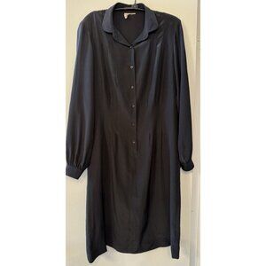 New York Vtg Long Sleeve Shoulder Pads Button Down Collar Shift Dress 100% Silk